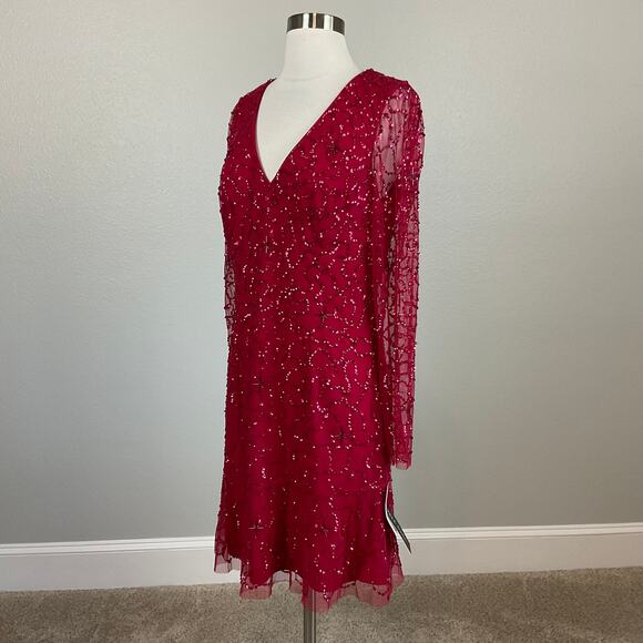 Adrianna Papell Red Sequin Long Sleeve Mini Cocktail Dress Size 10 V-Neck A-Line - Picture 4 of 14